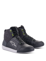 Alpinestars Chrome Drystar® Shoes, Urban Motorcycle Riding Shoes, Black Dark Gray and Yellow Fluo, high-top silhouette with premium leather and suede, featuring white Alpinestars logo and neon yellow lace loops, casual street-styled protective footwear