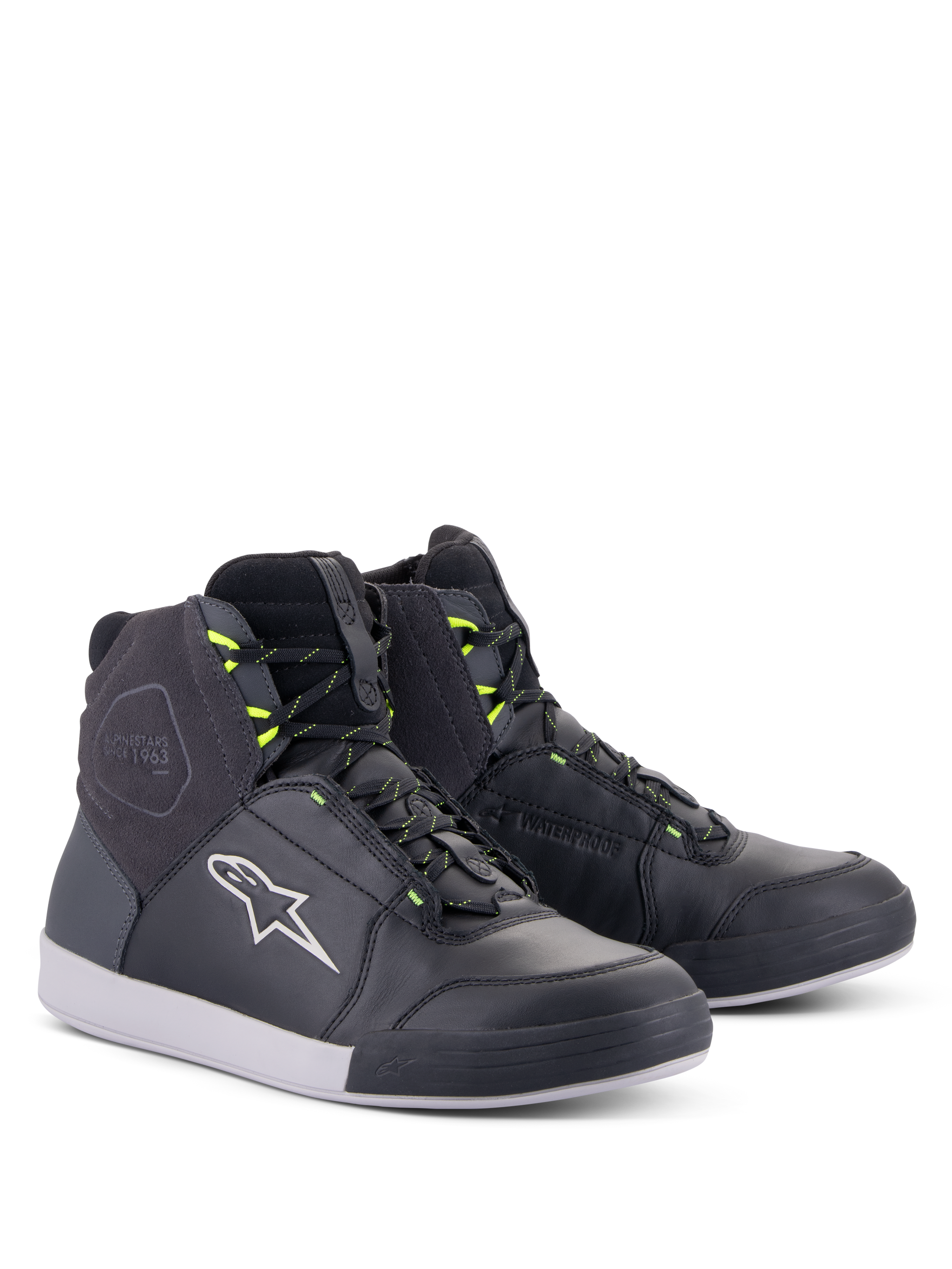 Alpinestars Chrome Drystar® Shoes, Urban Motorcycle Riding Shoes, Black Dark Gray and Yellow Fluo, high-top silhouette with premium leather and suede, featuring white Alpinestars logo and neon yellow lace loops, casual street-styled protective footwear