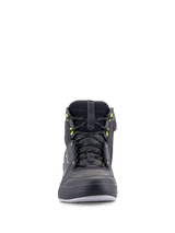 Alpinestars Chrome Drystar® Shoes, Urban Motorcycle Riding Shoes, Black Dark Gray Yellow Fluo, front view featuring laces with yellow accents, high-top leather and suede construction, waterproof casual streetwear design