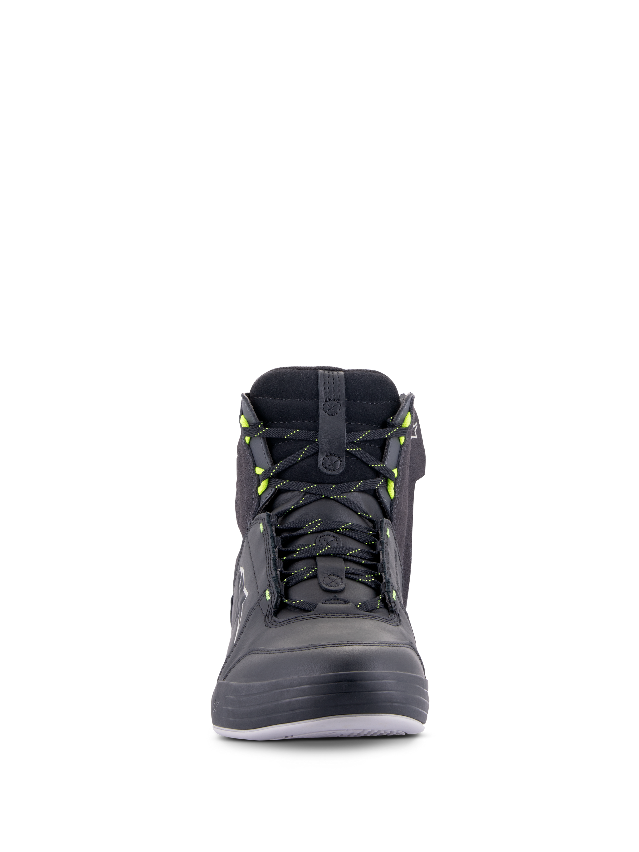 Alpinestars Chrome Drystar® Shoes, Urban Motorcycle Riding Shoes, Black Dark Gray Yellow Fluo, front view featuring laces with yellow accents, high-top leather and suede construction, waterproof casual streetwear design