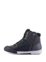 Alpinestars Chrome Drystar® Shoes, Motorcycle Riding Shoes, Black Dark Gray and Yellow Fluo, side profile showing casual high-top urban design, side zipper, white sole, and waterproof leather and suede construction with fluorescent yellow accents.