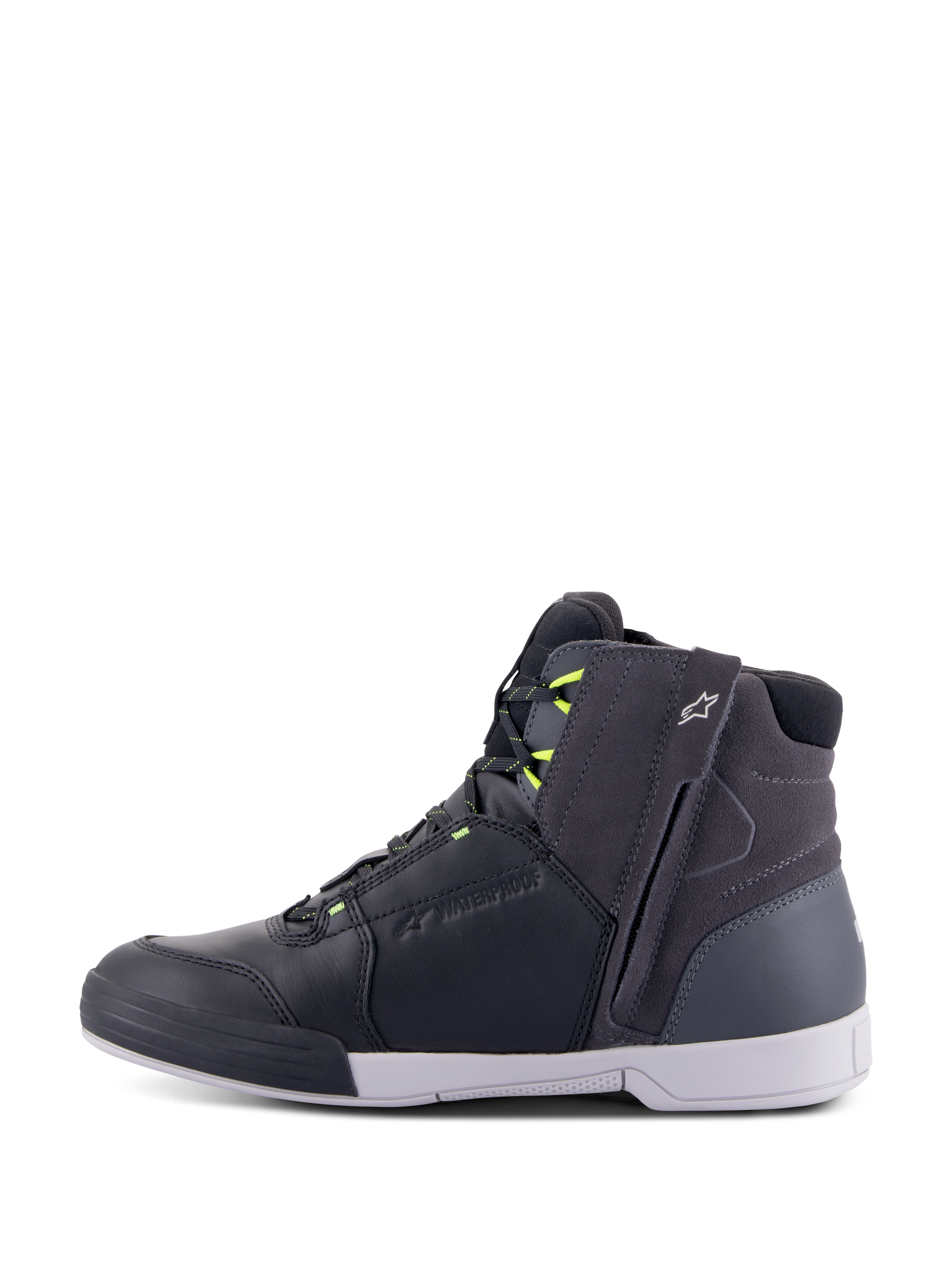 Alpinestars Chrome Drystar® Shoes, Motorcycle Riding Shoes, Black Dark Gray and Yellow Fluo, side profile showing casual high-top urban design, side zipper, white sole, and waterproof leather and suede construction with fluorescent yellow accents.