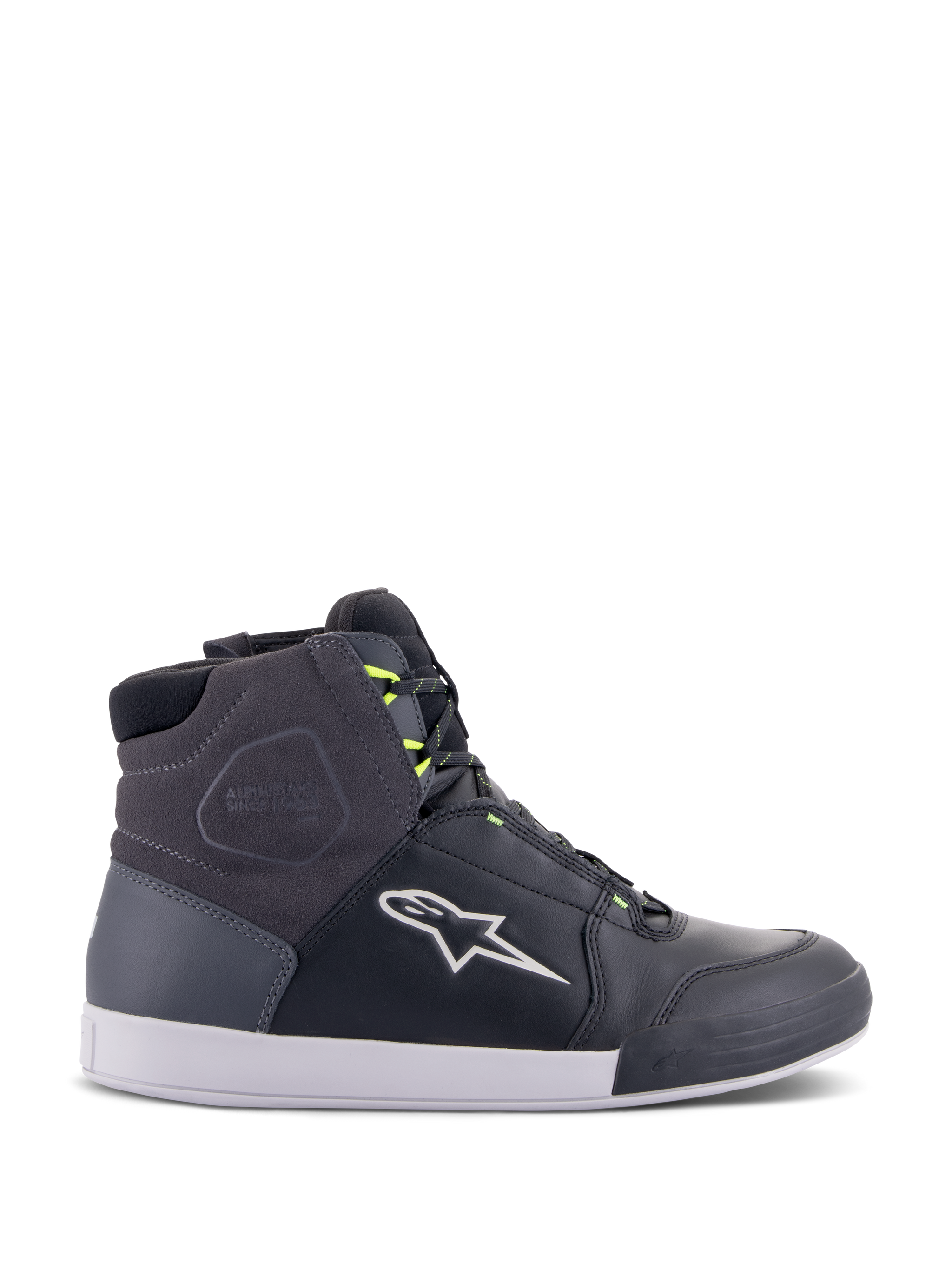 Alpinestars Chrome Drystar Shoes, urban motorcycle riding sneakers in Black, Dark Gray, and Yellow Fluo, featuring premium leather and suede panels, white sole, neon yellow laces, and signature star logo.