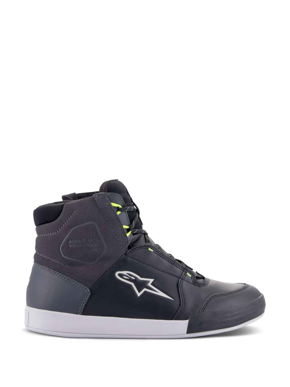 Alpinestars Chrome Drystar Shoes, urban motorcycle riding sneakers in Black, Dark Gray, and Yellow Fluo, featuring premium leather and suede panels, white sole, neon yellow laces, and signature star logo.