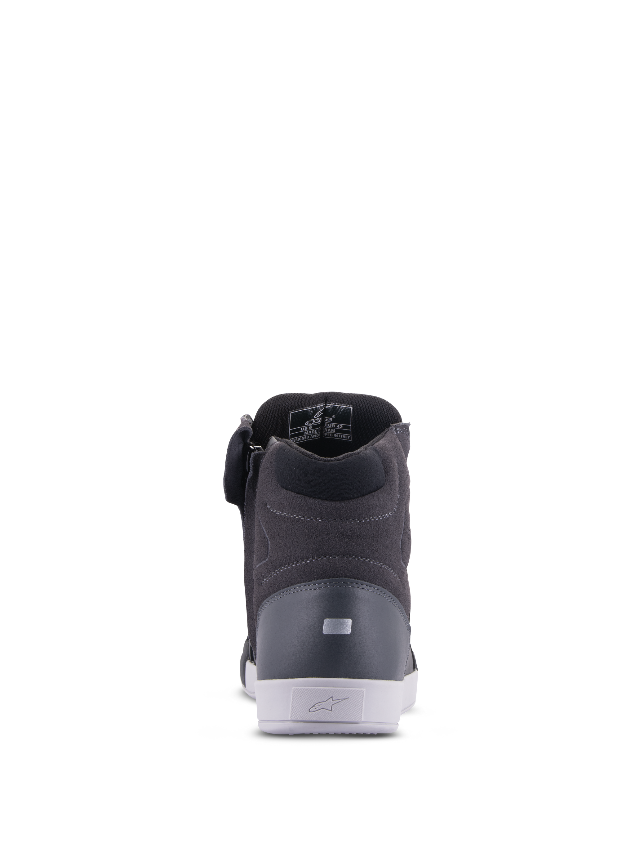 Alpinestars Chrome Drystar® Shoes, urban motorcycle riding shoes, black and dark gray with white sole, rear view featuring padded collar and reflective heel detail, modern casual street-style design.