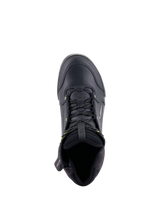 Alpinestars Chrome Drystar® Shoes, urban motorcycle riding shoes, Black and Yellow Fluo, top-down view showing premium leather construction, yellow-accented laces, and padded collar for comfort