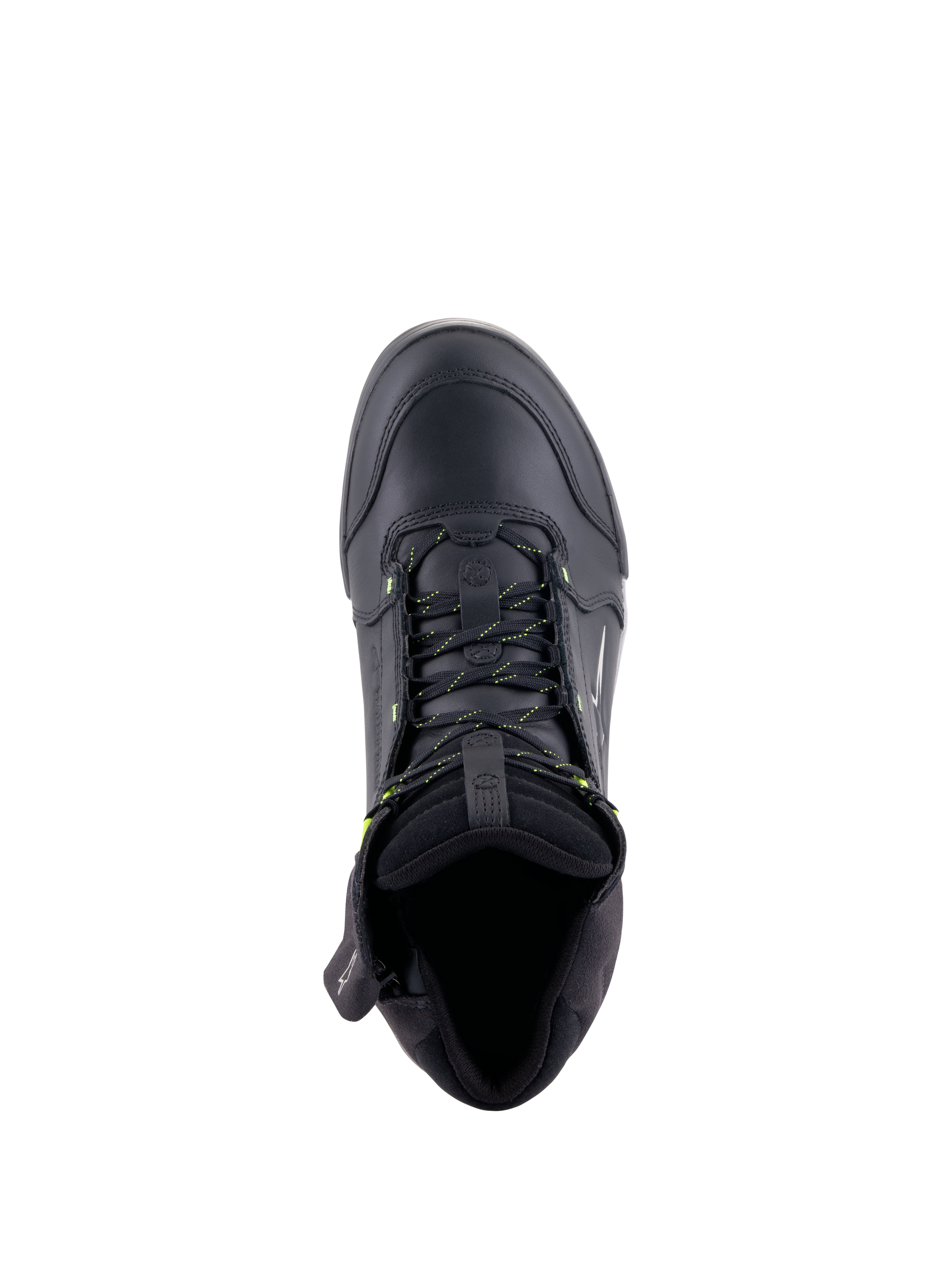 Alpinestars Chrome Drystar® Shoes, urban motorcycle riding shoes, Black and Yellow Fluo, top-down view showing premium leather construction, yellow-accented laces, and padded collar for comfort