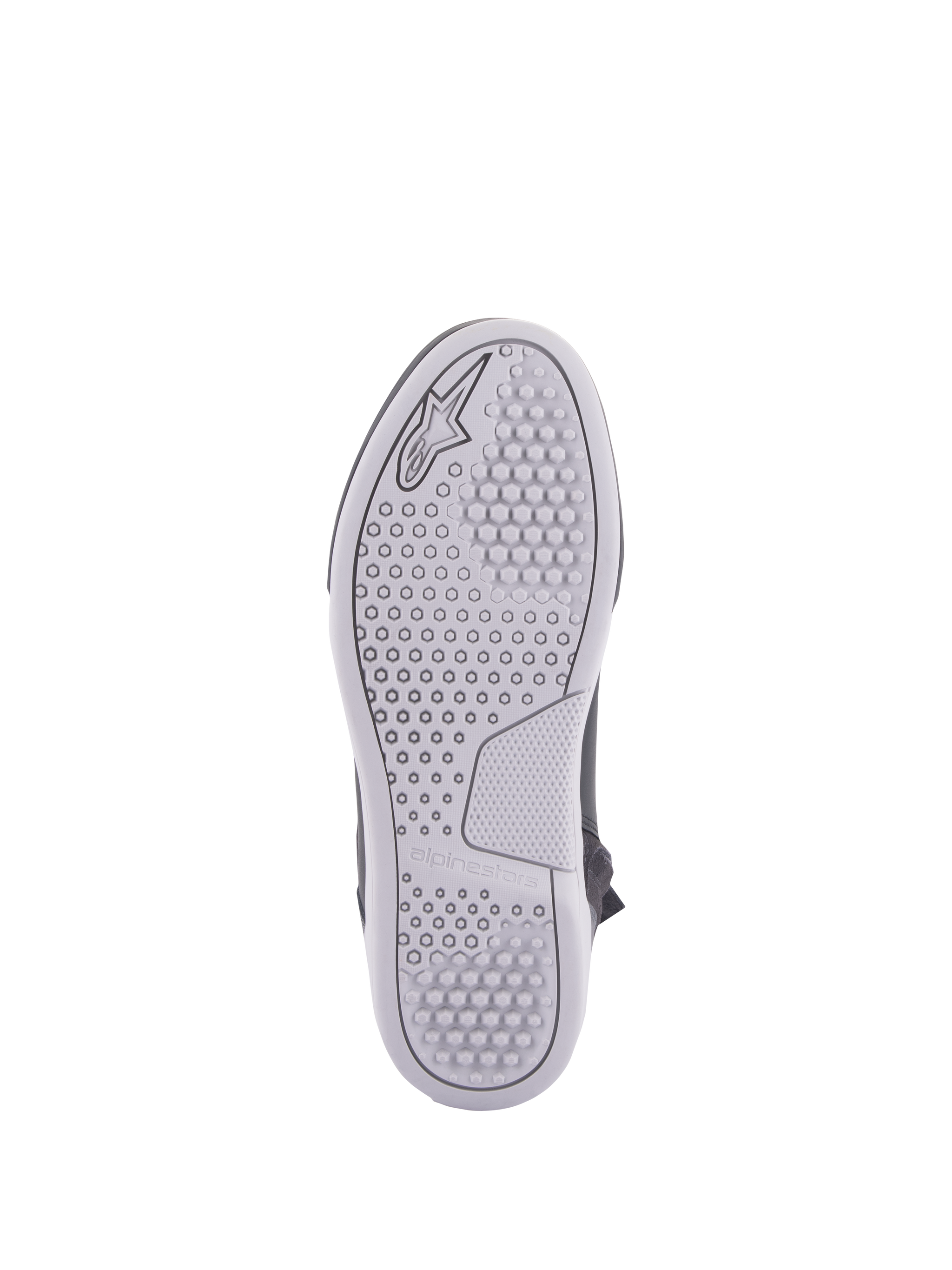 Alpinestars Chrome Drystar® Shoes, urban riding shoes, sole view, light gray rubber sole with hexagonal and circular grip patterns, embossed Alpinestars logo and brand name.