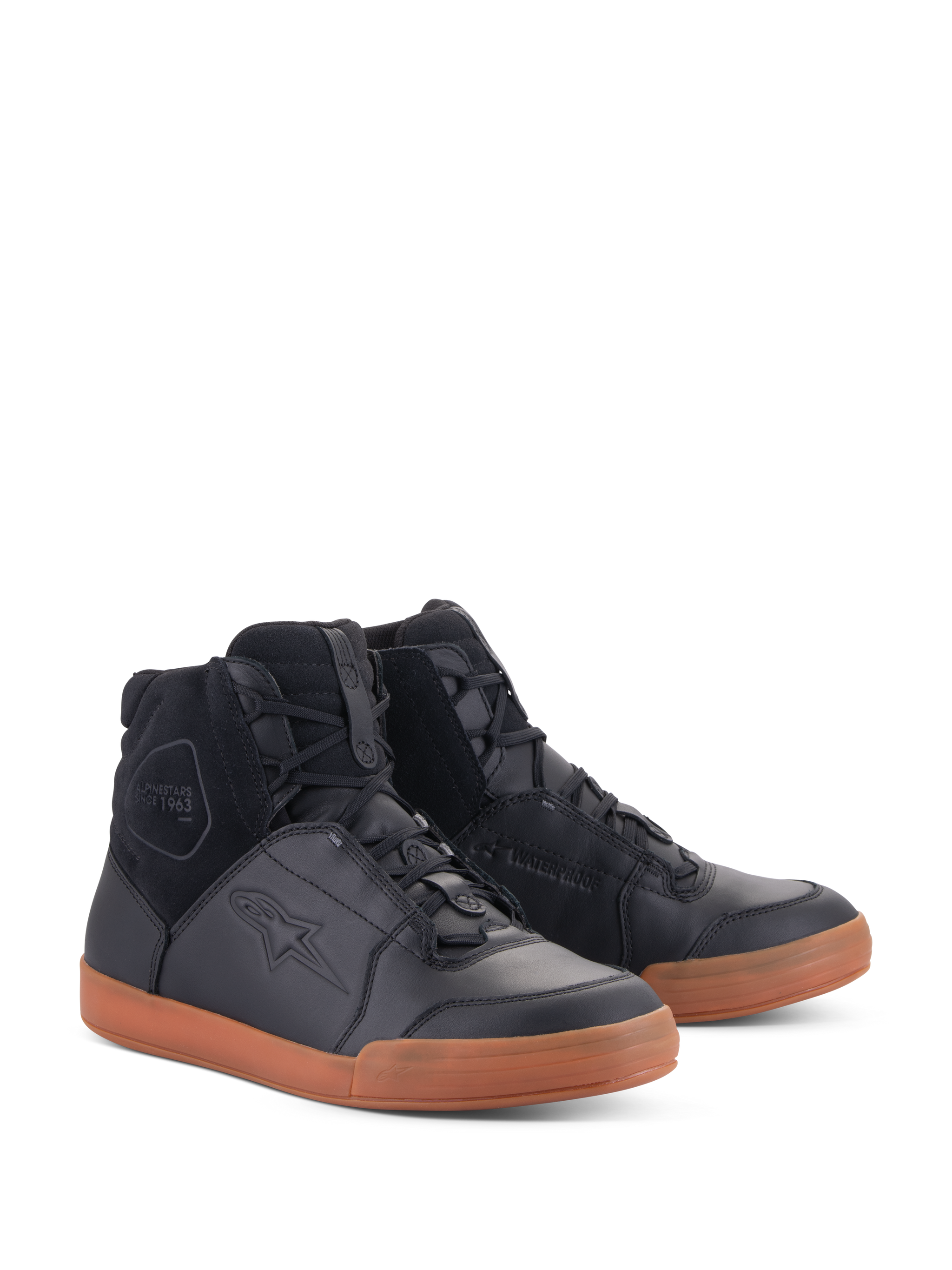Alpinestars Chrome Drystar® Shoes, Urban Waterproof Motorcycle Shoes, Black leather and suede upper with Gum tan sole, high-top sneaker design, casual riding gear with protective features