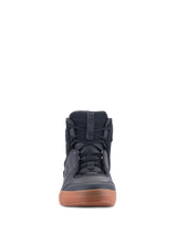 Alpinestars Chrome Drystar® Shoes, Black and Gum, front view of urban motorcycle riding shoe, casual sneaker-style high-top with laces, leather and suede construction with a brown gum sole