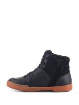 Alpinestars Chrome Drystar® Shoes, Black Black Gum, urban motorcycle footwear featuring a black leather and suede upper, high-top sneaker profile, gum-colored rubber sole, and side zipper entry.