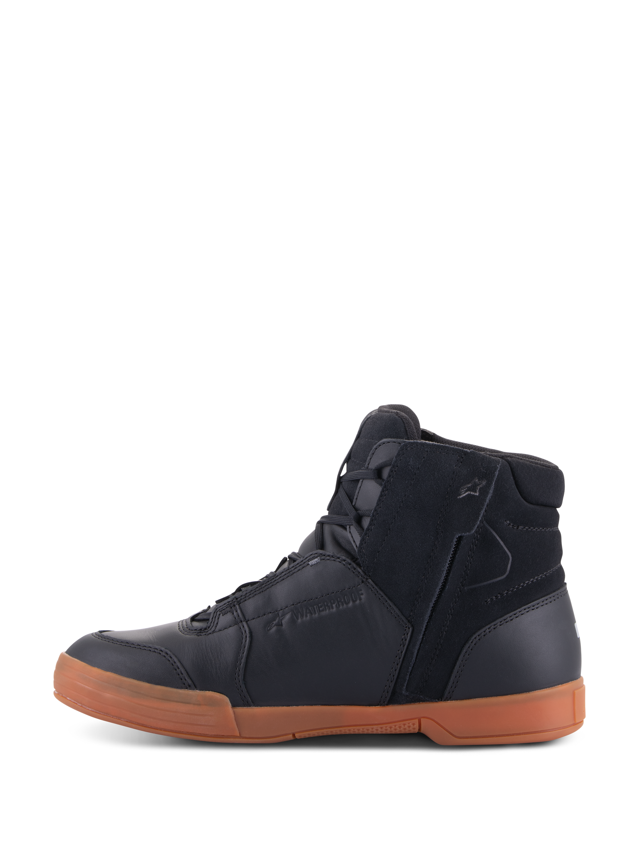 Alpinestars Chrome Drystar® Shoes, Black Black Gum, urban motorcycle footwear featuring a black leather and suede upper, high-top sneaker profile, gum-colored rubber sole, and side zipper entry.