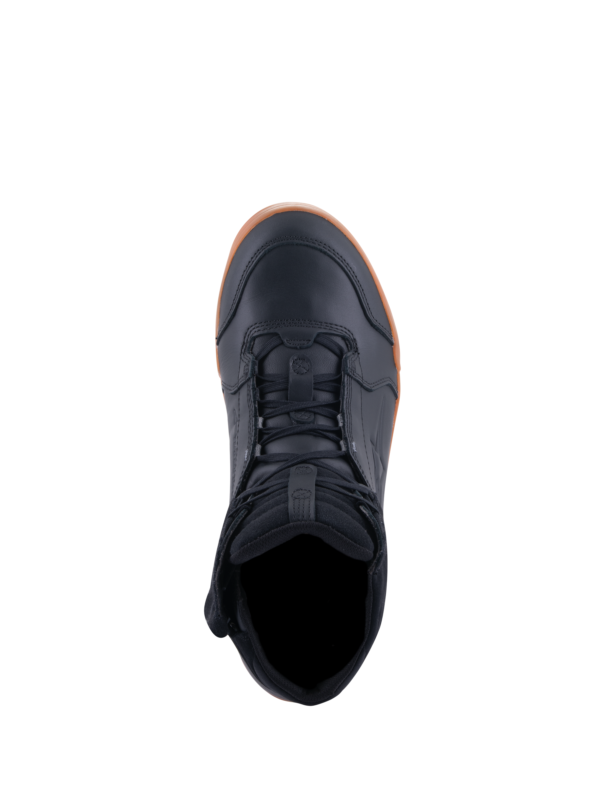 Alpinestars Chrome Drystar® Shoes, Motorcycle Riding Shoes, Black and Gum, top-down view showing lacing and padded collar, casual urban design with leather upper and gum rubber sole
