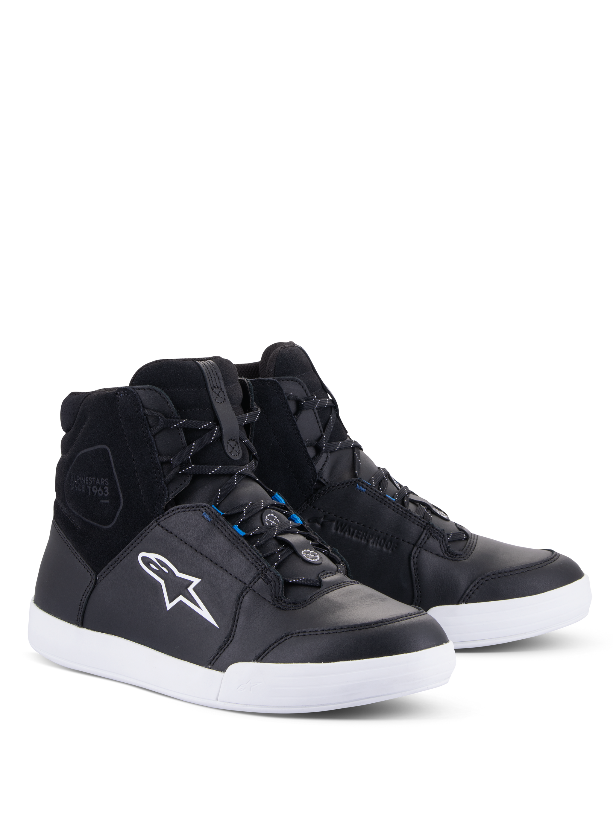 Alpinestars Chrome Drystar® Shoes, Urban Motorcycle Riding Shoes, Black and White with Blue accents, high-top sneaker design featuring leather and suede upper, white contrast sole and white Astars logo, waterproof footwear for street riding