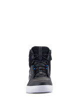 Alpinestars Chrome Drystar® Shoes, Urban Motorcycle Shoes, Black White and Blue, front view showing black leather upper, white sole, blue lace accents, casual high-top design for street riding