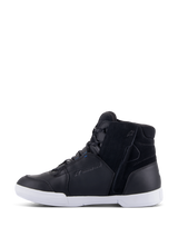 Alpinestars Chrome Drystar® Shoes, Urban Motorcycle Riding Shoes, Black and White with Blue accents, leather and suede upper, side zipper, white sole, waterproof branding, casual high-top sneaker style