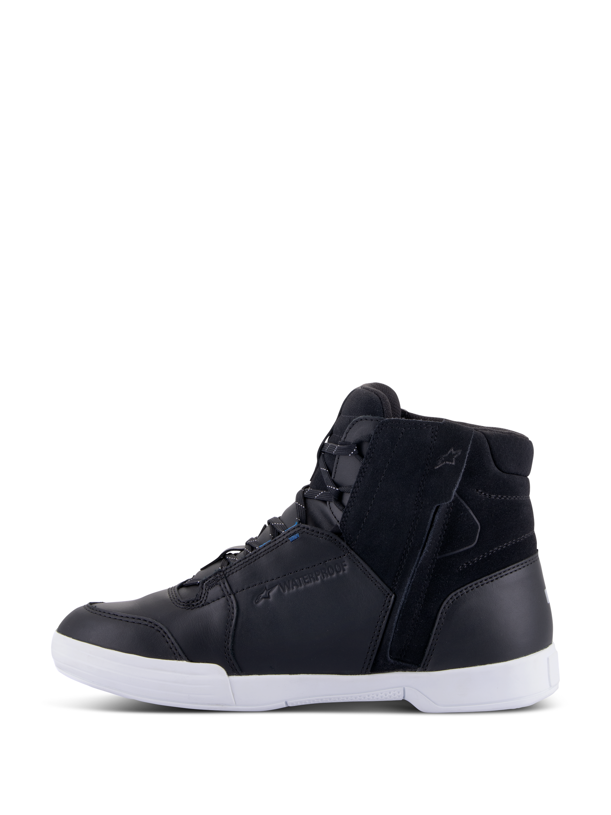 Alpinestars Chrome Drystar® Shoes, Urban Motorcycle Riding Shoes, Black and White with Blue accents, leather and suede upper, side zipper, white sole, waterproof branding, casual high-top sneaker style