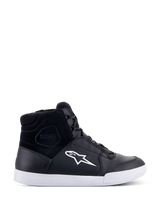 Alpinestars Chrome Drystar Shoes, Black high-top motorcycle sneakers with a white star logo and sole, waterproof leather and suede upper, urban riding footwear featuring a padded ankle collar