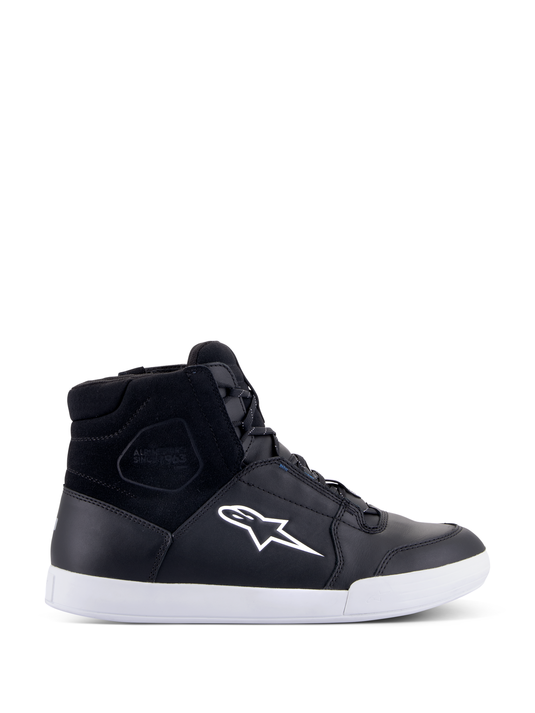 Alpinestars Chrome Drystar Shoes, Black high-top motorcycle sneakers with a white star logo and sole, waterproof leather and suede upper, urban riding footwear featuring a padded ankle collar
