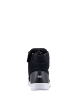 Alpinestars Chrome Drystar® Shoes, Urban Motorcycle Riding Shoes, Black and White, rear view showing reflective heel tab, white urban sole with logo, leather and suede construction for urban riding comfort