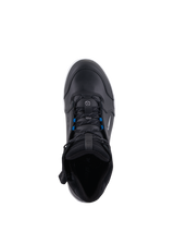Alpinestars Chrome Drystar® Shoes, Urban Motorcycle Riding Shoes, Black White Blue, top-down view featuring black laces with blue accents, premium leather construction, and street-styled protective design