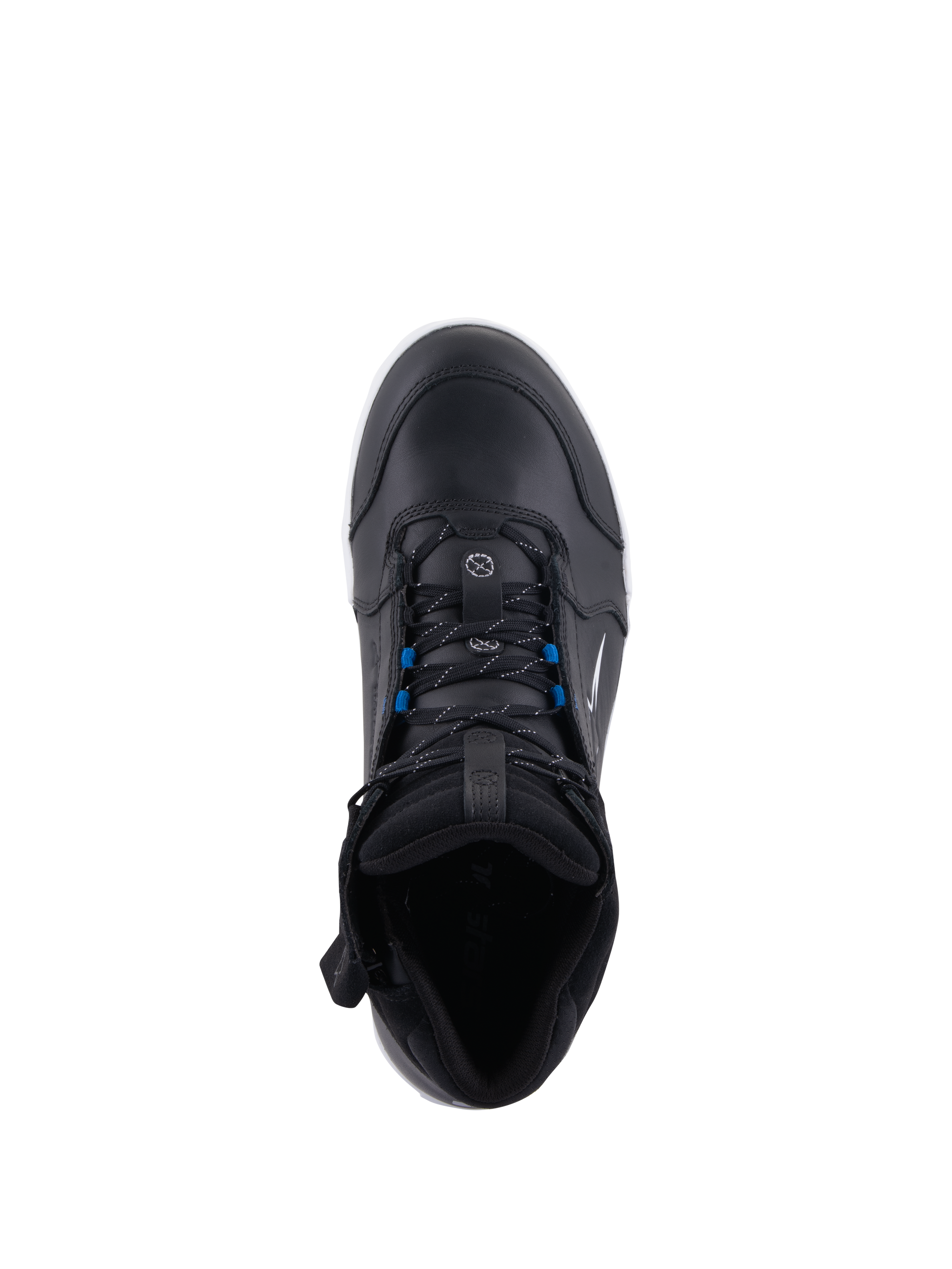 Alpinestars Chrome Drystar® Shoes, Urban Motorcycle Riding Shoes, Black White Blue, top-down view featuring black laces with blue accents, premium leather construction, and street-styled protective design