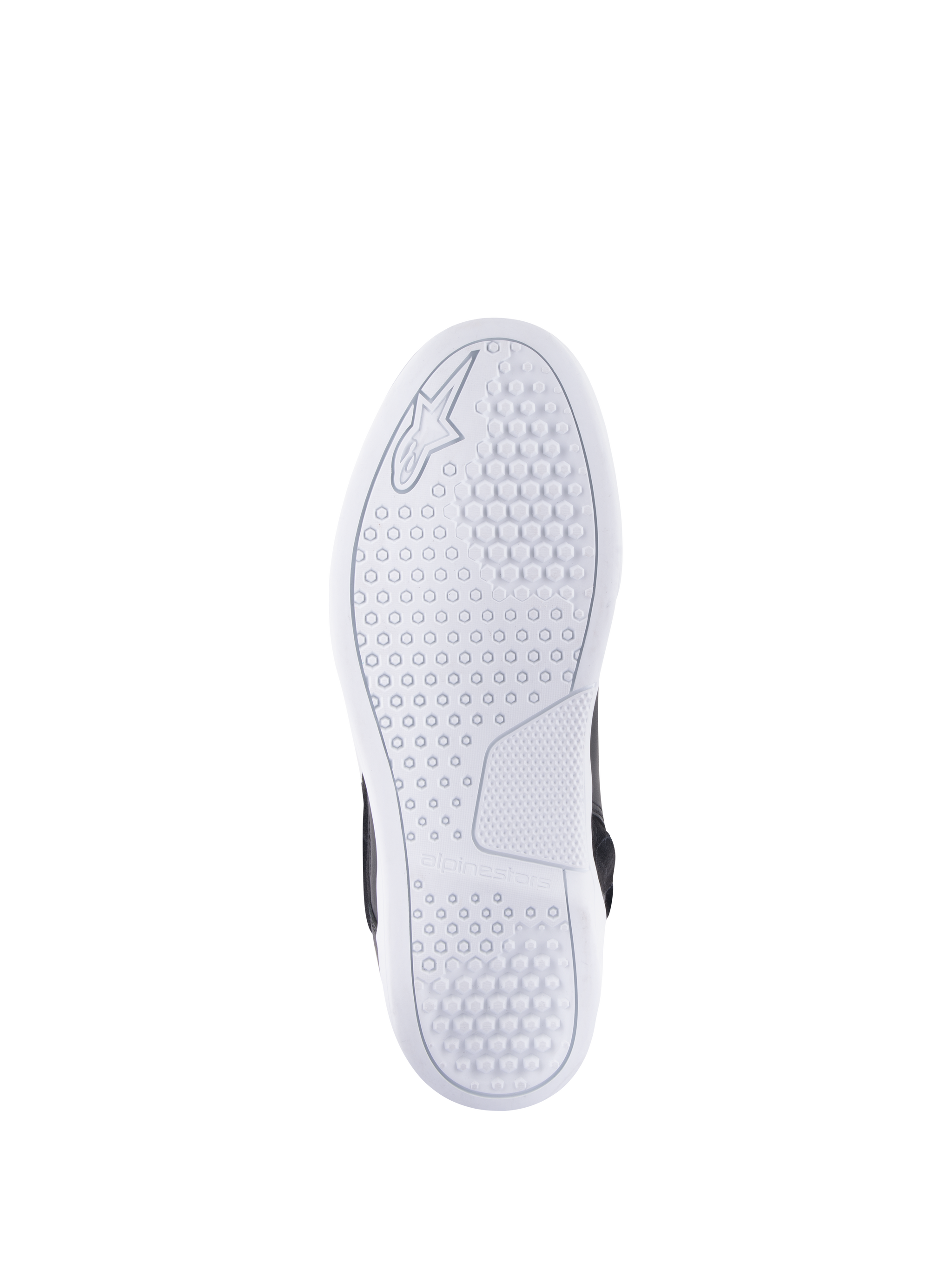Alpinestars Chrome Drystar® Shoes, Bottom view of the sole, White, featuring a hexagonal grip pattern for traction, embossed Alpinestars logo and branding, casual urban motorcycle riding shoe