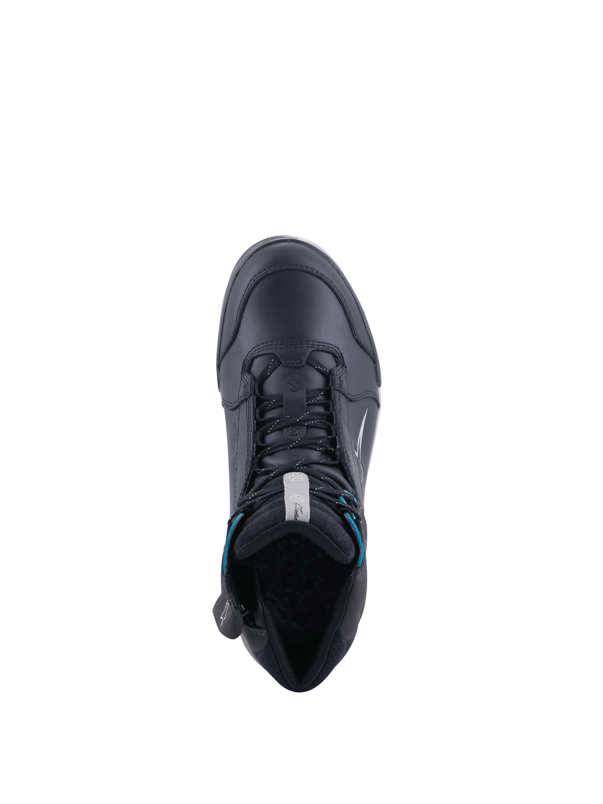 Alpinestars Chrome Women's Drystar Shoes, black waterproof motorcycle riding footwear with turquoise accents, top-down view.