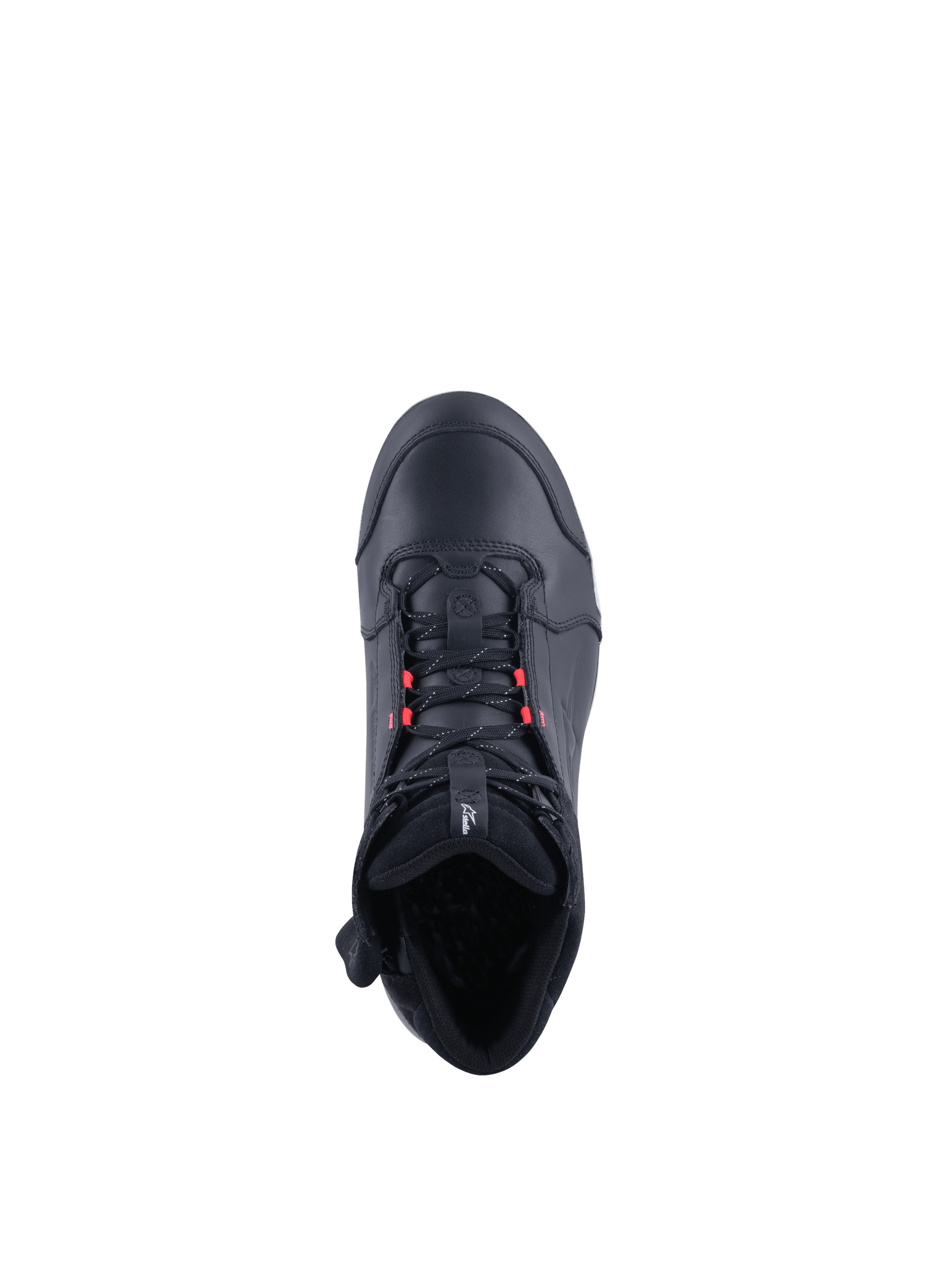 Alpinestars Stella Chrome Drystar Women's Riding Shoes, waterproof black leather motorcycle sneakers with pink accents, top view.