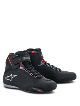 Alpinestars Sektor Waterproof Shoes, Motorcycle Riding Shoes, Black Dark Gray and Red Fluo, featuring a white Alpinestars logo, high-top profile with lace-up and velcro strap closure, sleek waterproof design for road riding