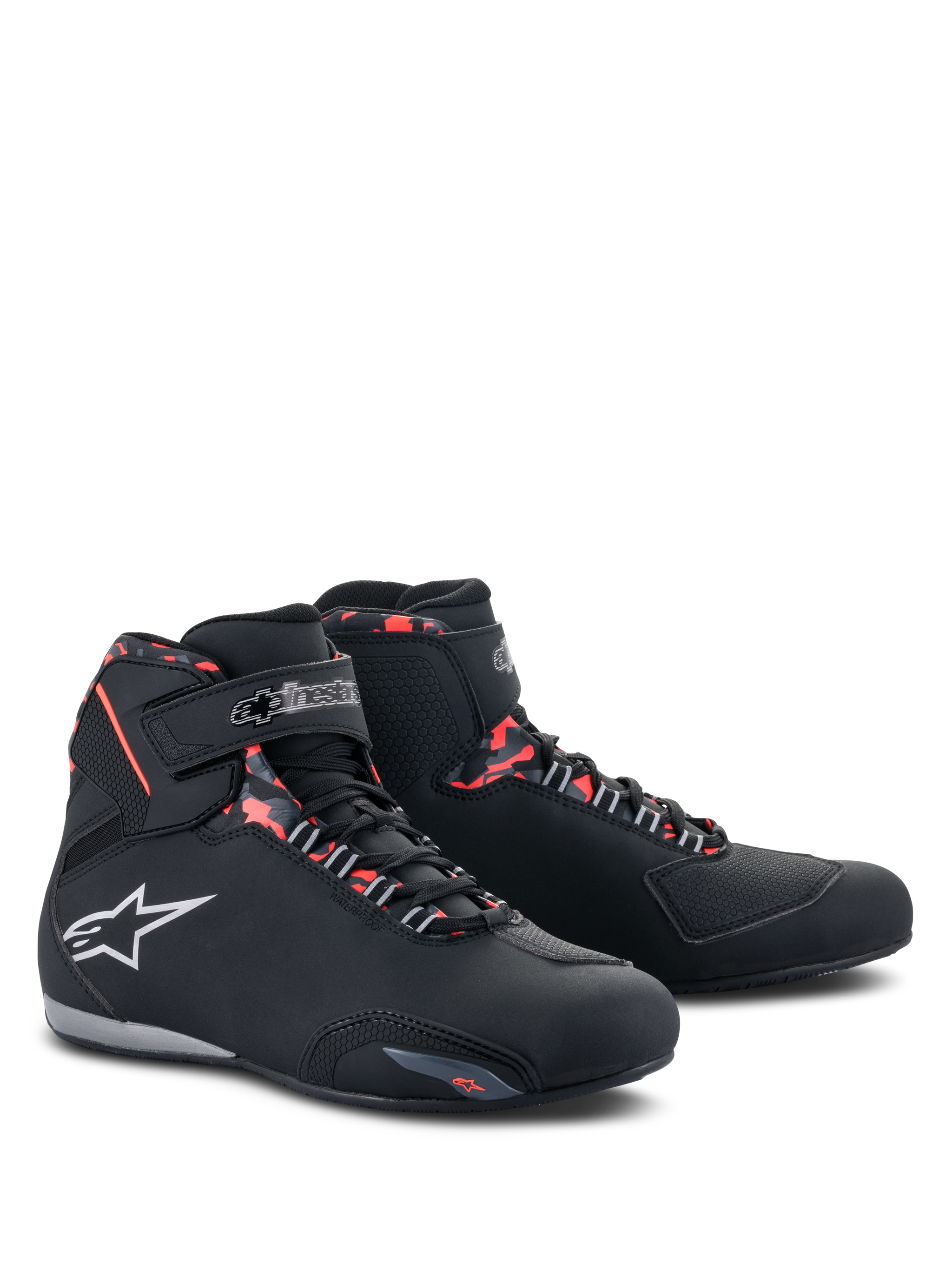 Alpinestars Sektor Waterproof Shoes, Motorcycle Riding Shoes, Black Dark Gray and Red Fluo, featuring a white Alpinestars logo, high-top profile with lace-up and velcro strap closure, sleek waterproof design for road riding