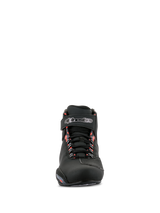 Alpinestars Sektor Waterproof Shoes, Motorcycle Riding Shoes, Black Dark Gray and Red Fluo, front view showing black microfiber chassis, lace-up closure with branded Velcro ankle strap, and red fluorescent accents on the eyelets.