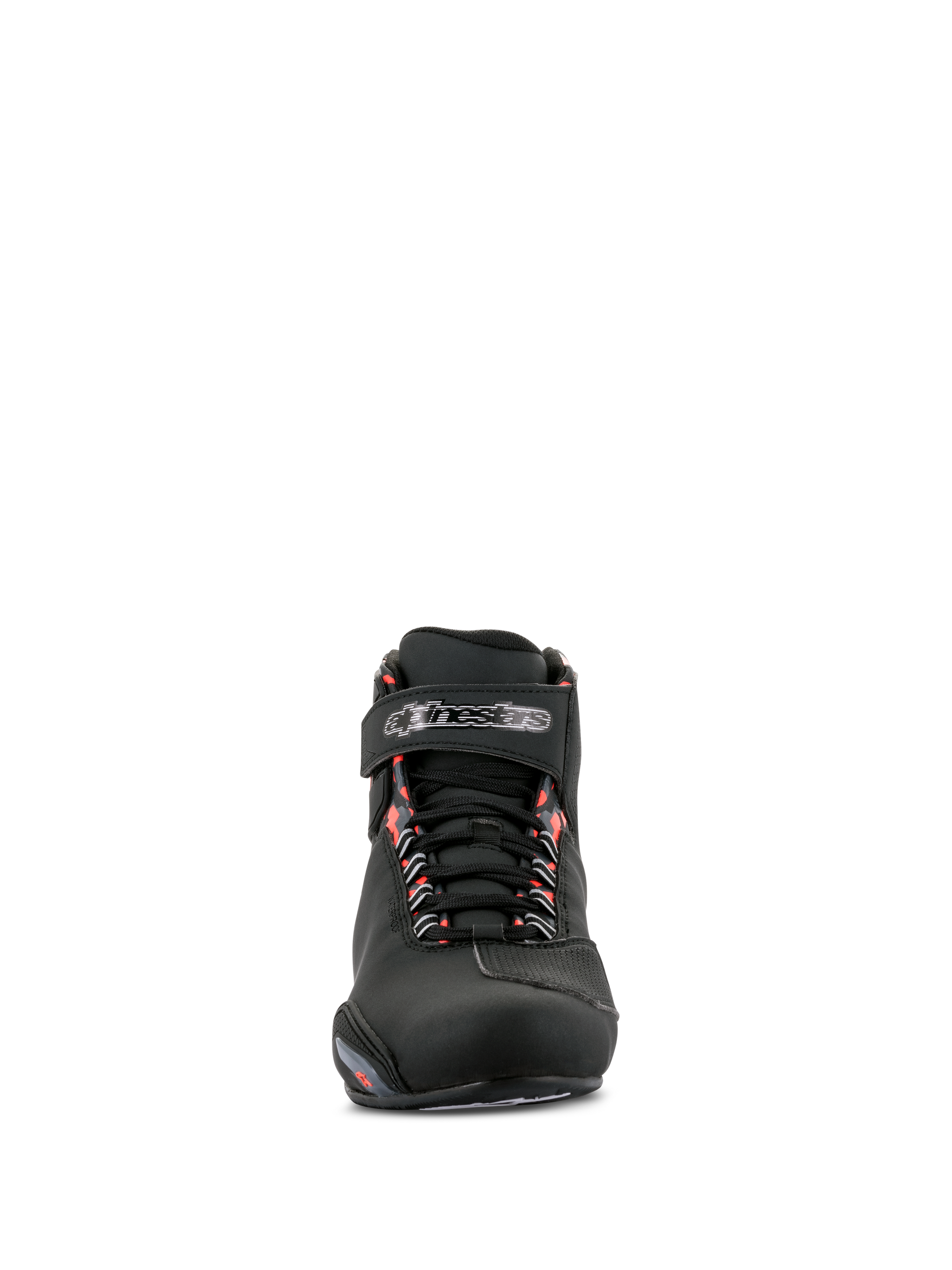 Alpinestars Sektor Waterproof Shoes, Motorcycle Riding Shoes, Black Dark Gray and Red Fluo, front view showing black microfiber chassis, lace-up closure with branded Velcro ankle strap, and red fluorescent accents on the eyelets.