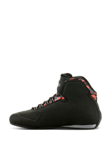 Alpinestars Sektor Waterproof Shoes, Motorcycle Riding Shoes, Black Dark Gray and Red Fluo, side profile view featuring high-top design, Velcro ankle strap, reinforced toe shifter pad, and patterned red accents around the collar