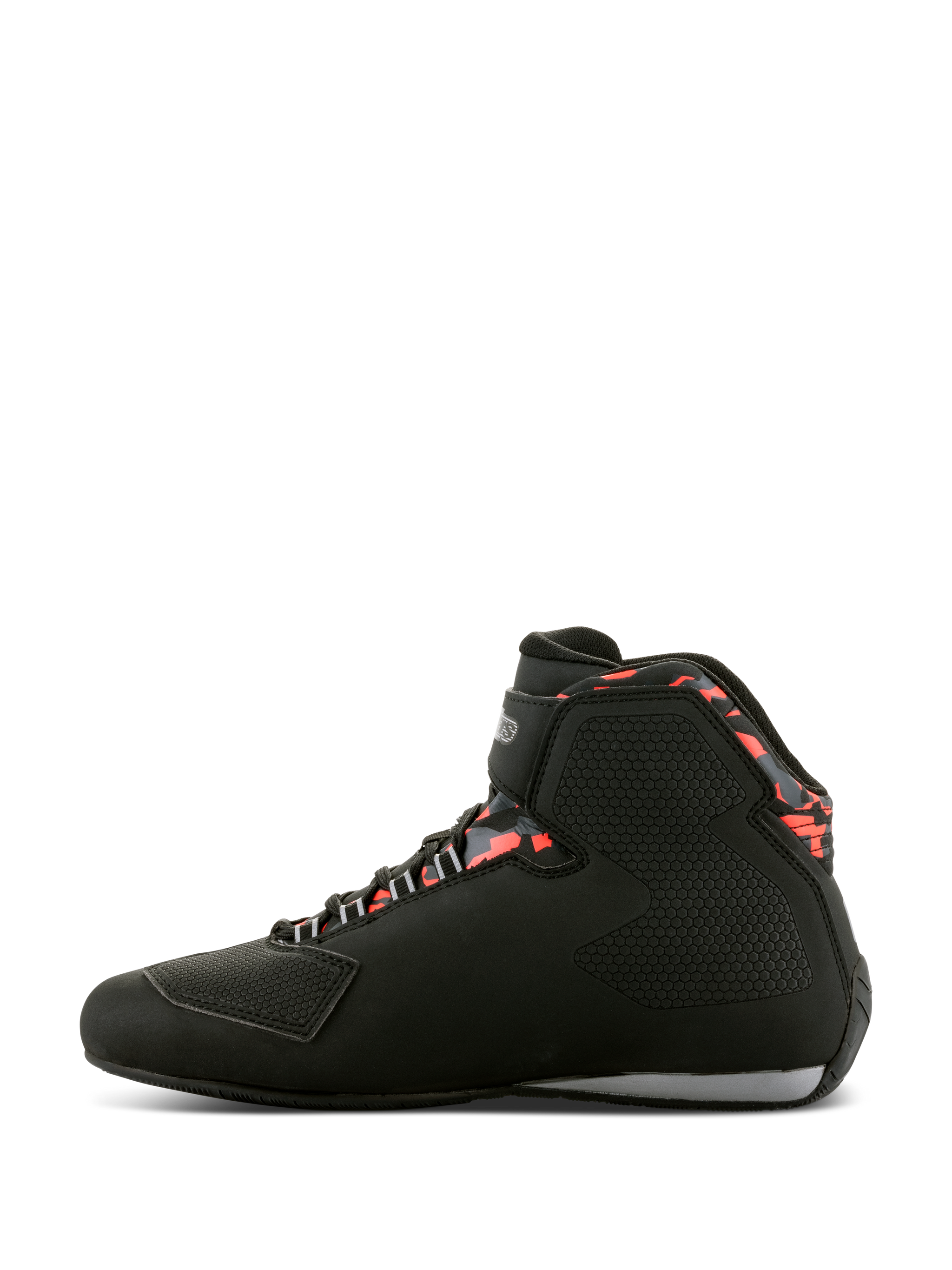 Alpinestars Sektor Waterproof Shoes, Motorcycle Riding Shoes, Black Dark Gray and Red Fluo, side profile view featuring high-top design, Velcro ankle strap, reinforced toe shifter pad, and patterned red accents around the collar
