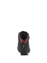 Alpinestars Sektor Waterproof Shoes, Motorcycle Riding Shoes, Black Dark Gray and Red Fluo, rear view showing the patterned heel collar, reflective tab, and durable rubber sole, lightweight microfiber construction