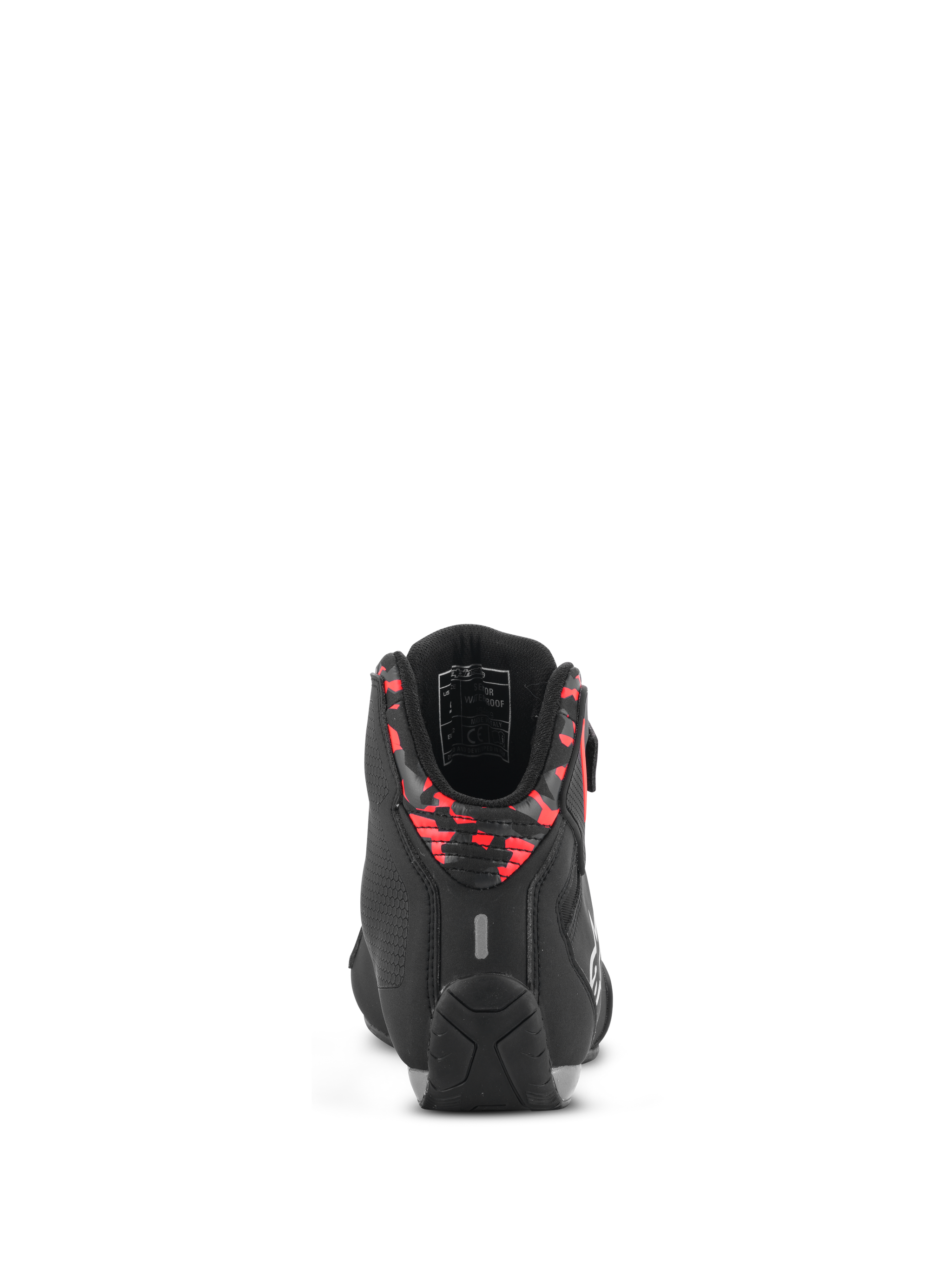 Alpinestars Sektor Waterproof Shoes, Motorcycle Riding Shoes, Black Dark Gray and Red Fluo, rear view showing the patterned heel collar, reflective tab, and durable rubber sole, lightweight microfiber construction