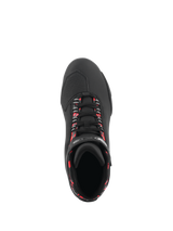 Alpinestars Sektor Waterproof Shoes, Motorcycle Riding Shoes, Black Dark Gray and Red Fluo, top-down view showing black laces with fluorescent red accents, textured toe box for shifting, and sleek microfiber construction