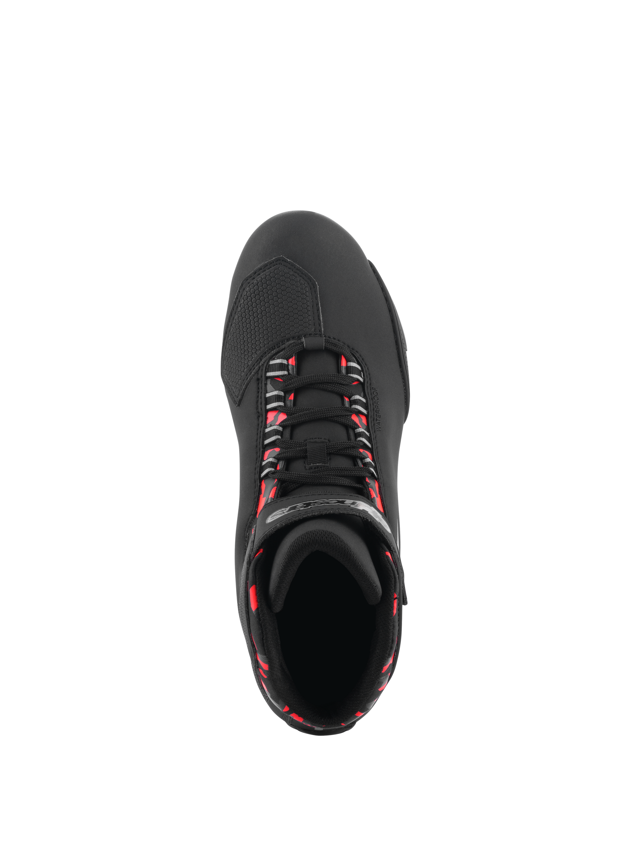Alpinestars Sektor Waterproof Shoes, Motorcycle Riding Shoes, Black Dark Gray and Red Fluo, top-down view showing black laces with fluorescent red accents, textured toe box for shifting, and sleek microfiber construction