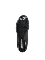Alpinestars Sektor Waterproof Shoes, bottom sole view, black rubber with wave-pattern tread for water run-off, featuring white Astars logo and Alpinestars branding, designed for grip and motorcycle footpeg support