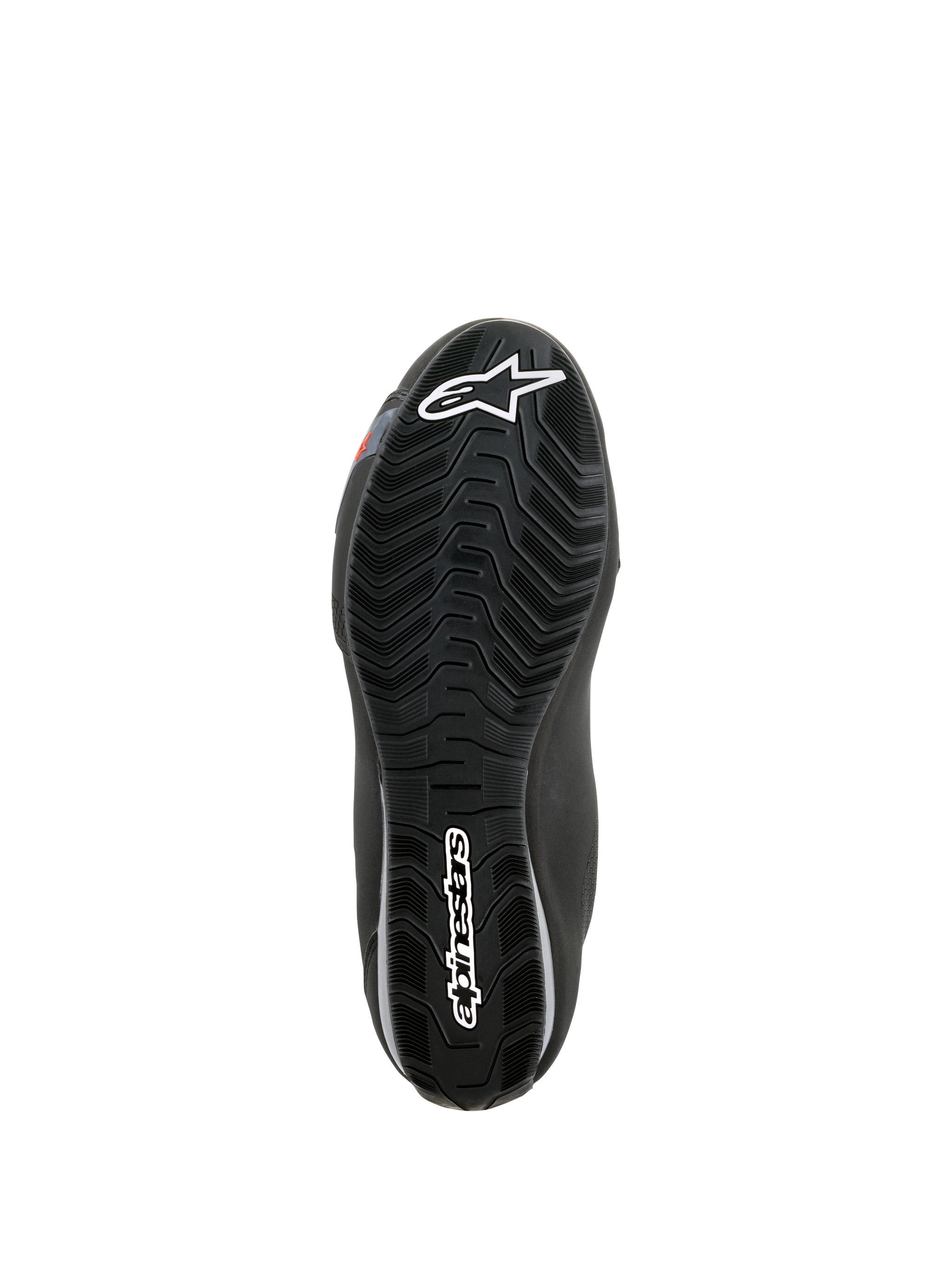 Alpinestars Sektor Waterproof Shoes, bottom sole view, black rubber with wave-pattern tread for water run-off, featuring white Astars logo and Alpinestars branding, designed for grip and motorcycle footpeg support