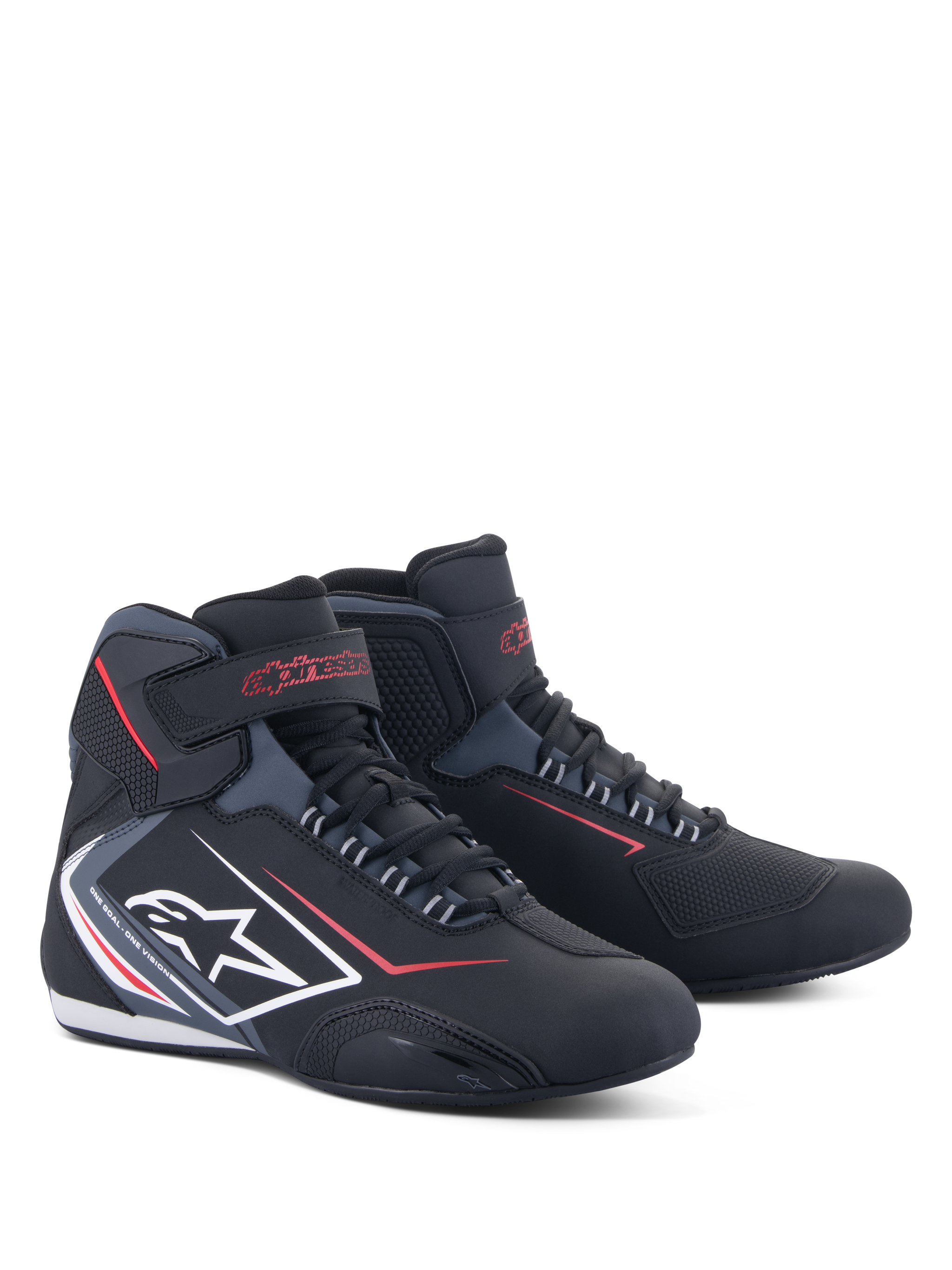 Alpinestars Sektor Waterproof Shoes, motorcycle riding shoes, black with red and white accents, featuring white star logo on the side, velcro ankle strap, and lacing system, sleek athletic design for road riding