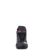 Alpinestars Sektor Waterproof Shoes, Motorcycle Riding Shoes, Black with white and red accents, front view featuring a secure lace-up system and a velcro ankle strap with red Alpinestars lettering, durable microfiber finish.