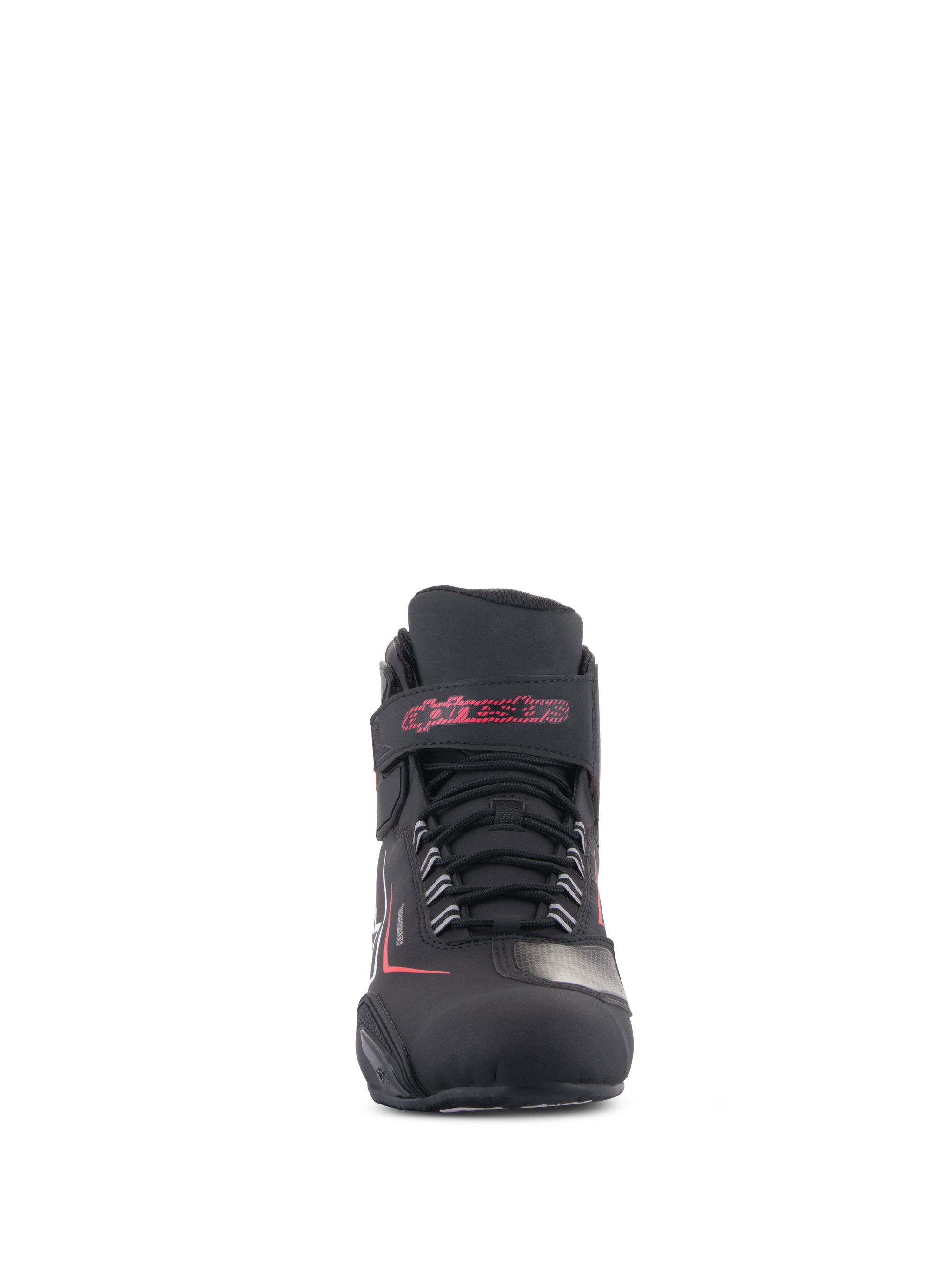 Alpinestars Sektor Waterproof Shoes, Motorcycle Riding Shoes, Black with white and red accents, front view featuring a secure lace-up system and a velcro ankle strap with red Alpinestars lettering, durable microfiber finish.