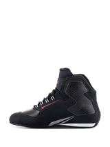 Alpinestars Sektor Waterproof Shoes, Motorcycle Riding Shoes, Black White and Gray, side profile view, lightweight microfiber chassis with gray honeycomb-patterned panels, red accent line, and white sole detail, waterproof gear for road riding