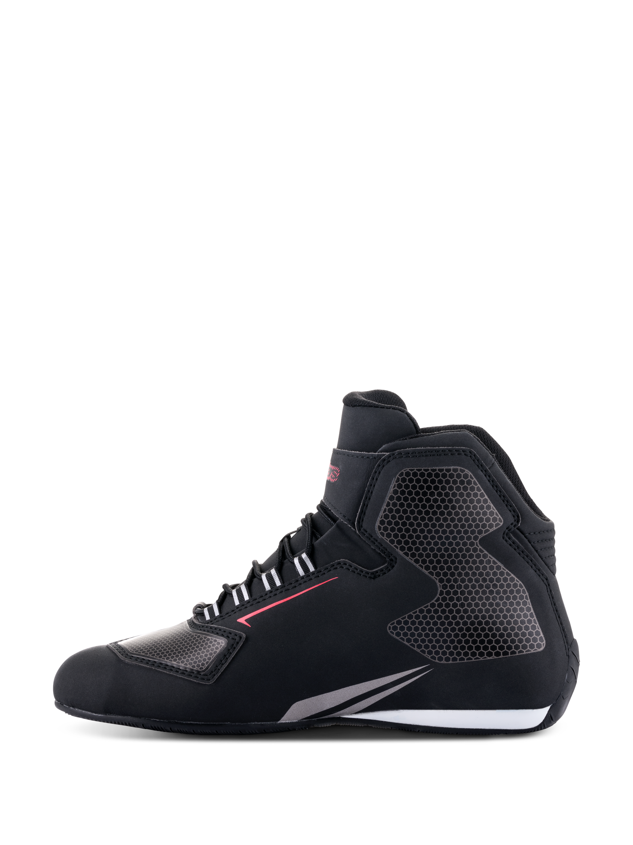 Alpinestars Sektor Waterproof Shoes, Motorcycle Riding Shoes, Black White and Gray, side profile view, lightweight microfiber chassis with gray honeycomb-patterned panels, red accent line, and white sole detail, waterproof gear for road riding