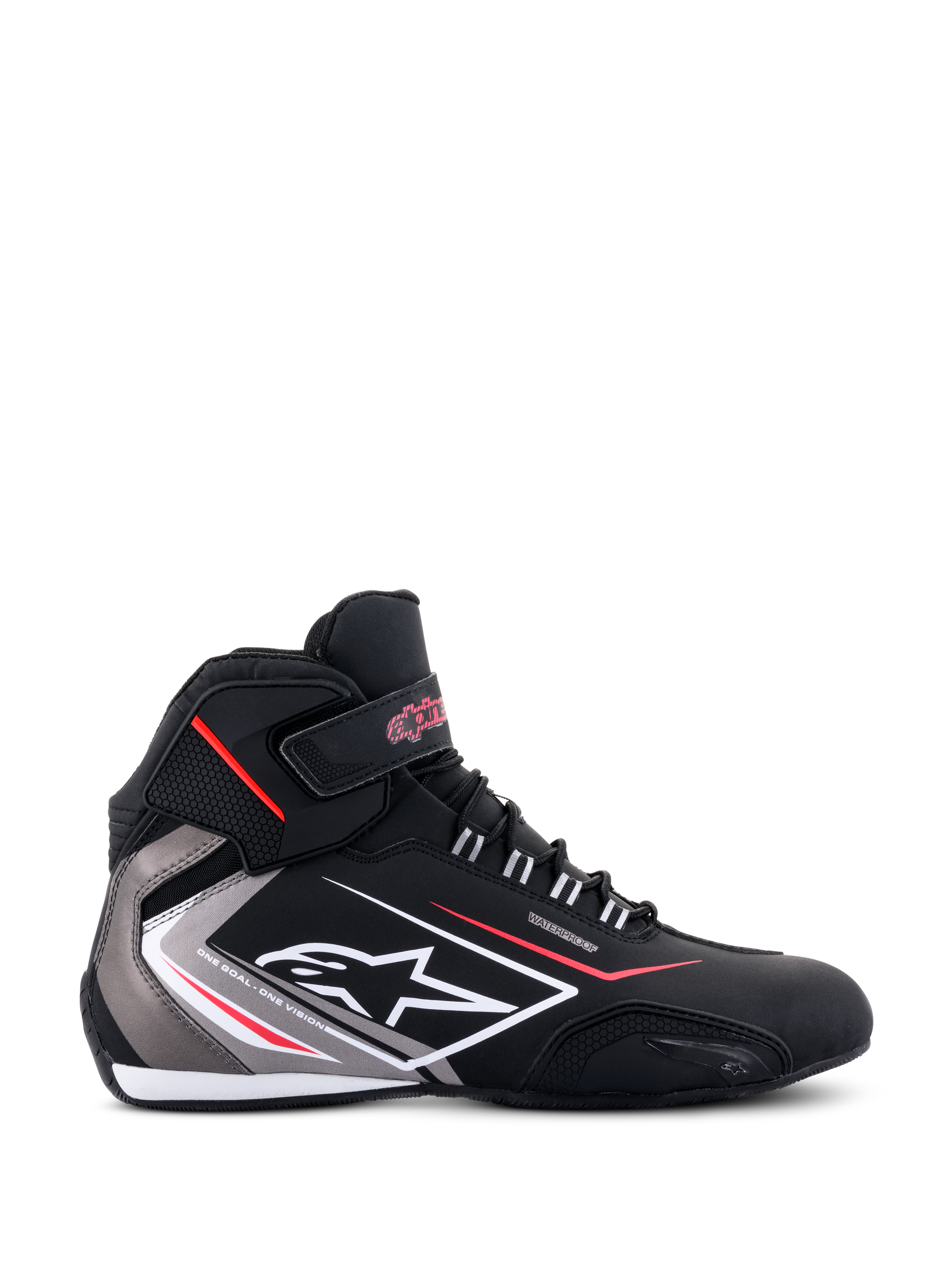 Alpinestars Sektor Waterproof Shoes, side profile, Black with Gray and White accents and red details, featuring laces, a Velcro ankle strap, Alpinestars logo, and 'Waterproof' branding, sleek motorcycle riding footwear.