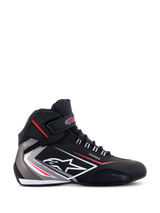 Alpinestars Sektor Waterproof Shoes, side profile, Black with Gray and White accents and red details, featuring laces, a Velcro ankle strap, Alpinestars logo, and 'Waterproof' branding, sleek motorcycle riding footwear.