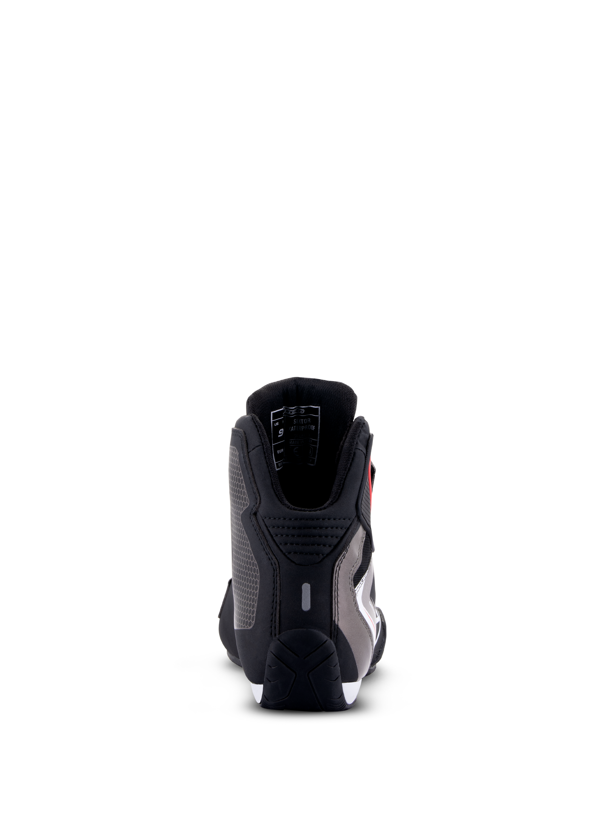 Alpinestars Sektor Waterproof Shoes, Motorcycle Riding Shoes, Black White Gray, rear view showing heel protection, microfiber chassis, and durable rubber sole.