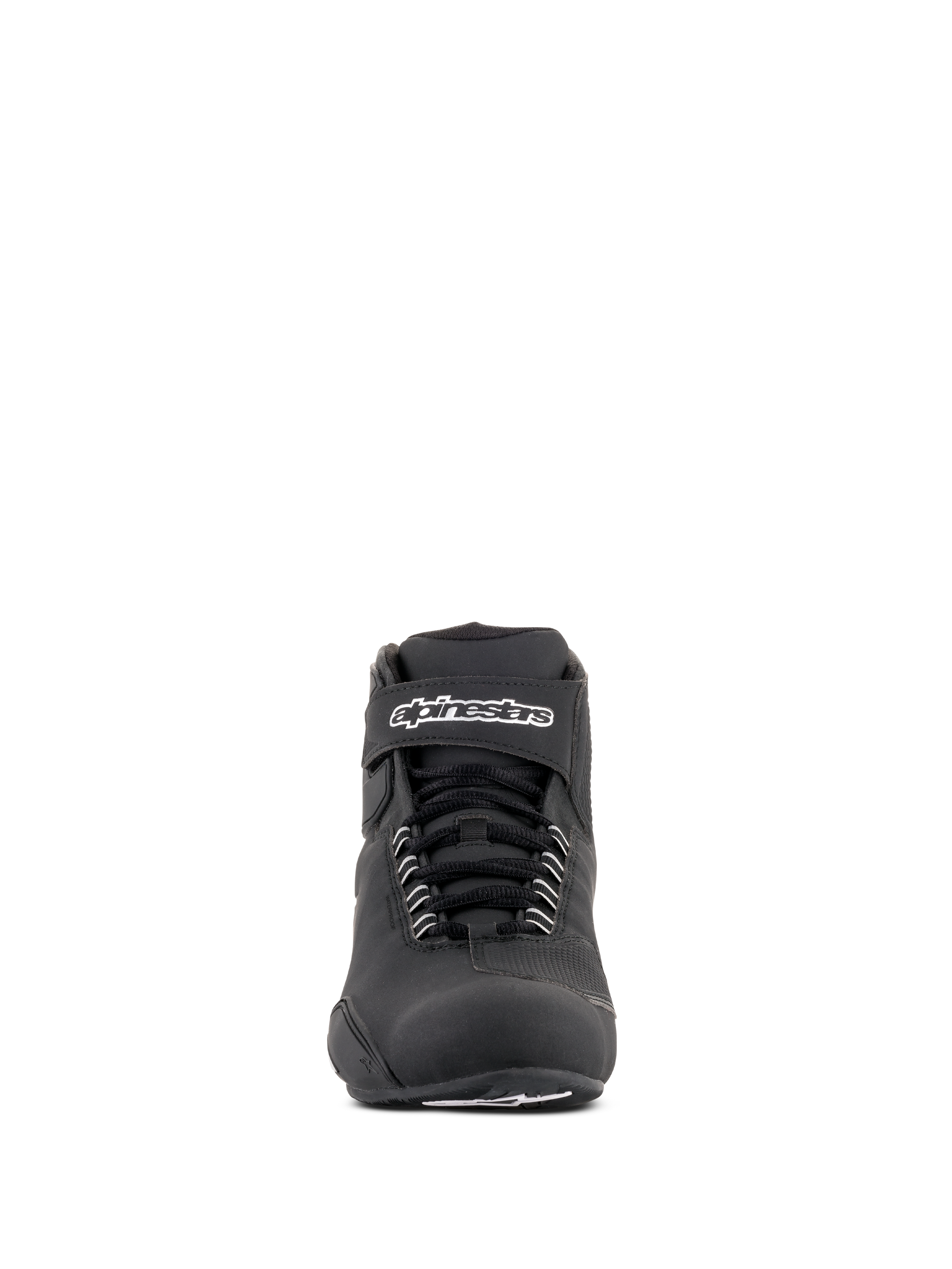 Alpinestars Sektor Waterproof Shoes, Black Riding Shoes, front view featuring black laces and a Velcro ankle strap with white Alpinestars logo, sleek microfiber design for all-weather motorcycle performance